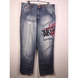 Akademiks Mens Baggy Y2K Streetwear Graphic Jeans Blue Distressed Size 42